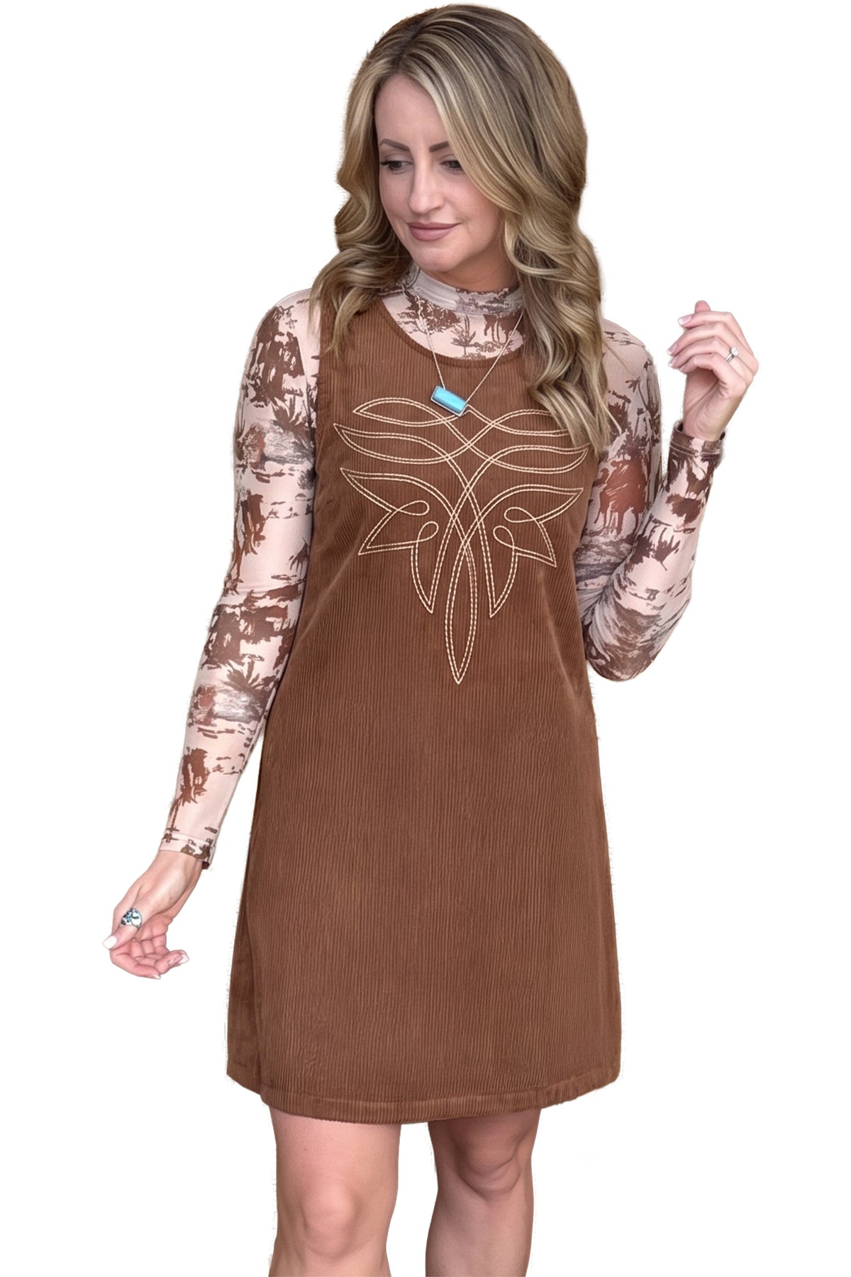 Coffee Geometric Embroidery Sleeveless Corduroy Shift Dress-TOPS / DRESSES-[Adult]-[Female]-2022 Online Blue Zone Planet