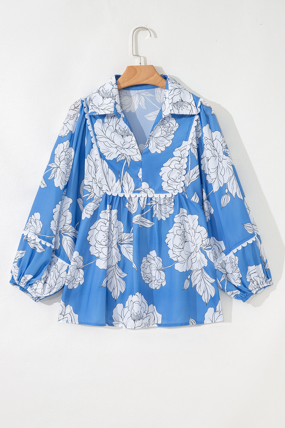 Sky Blue Floral Ricrac Trim Collared Puff Sleeve Loose Blouse-Tops/Blouses & Shirts-[Adult]-[Female]-2022 Online Blue Zone Planet