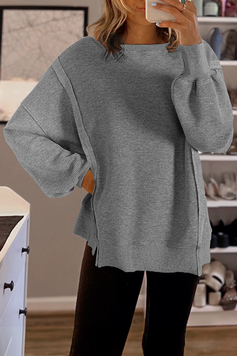 Blue Zone Planet | Gray Knit Bishop Sleeve Split Oversized Sweatshirt-Sweatshirts & Hoodies-[Adult]-[Female]-Gray-S-2022 Online Blue Zone Planet