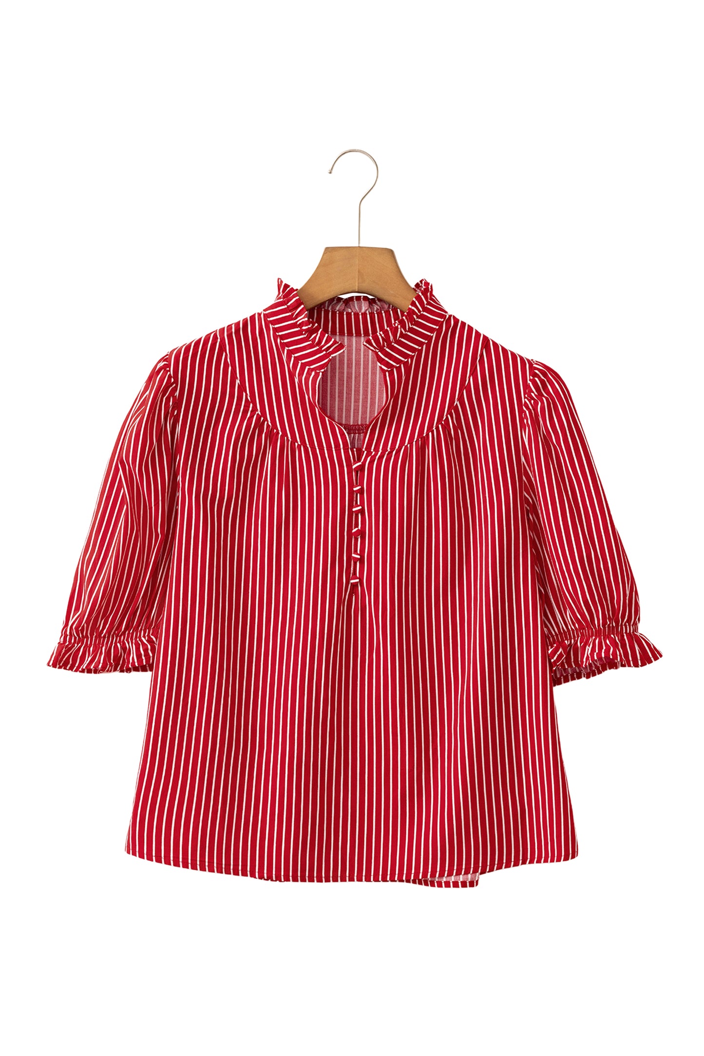 Red Stripe Ruffled Short Puff Sleeve Button Front Blouse-Tops/Blouses & Shirts-[Adult]-[Female]-2022 Online Blue Zone Planet