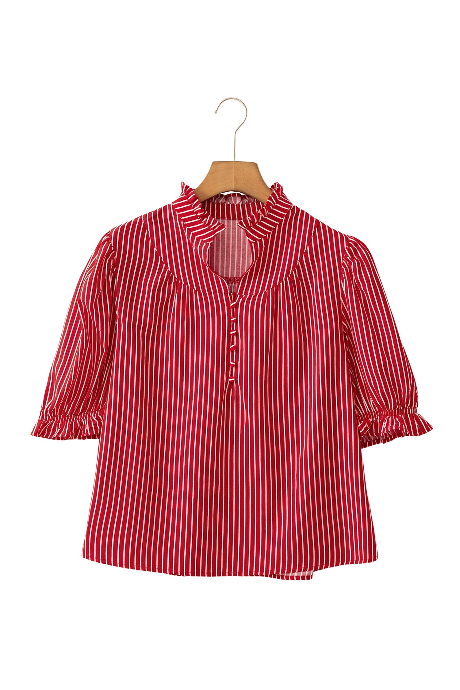 Red Stripe Ruffled Short Puff Sleeve Button Front Blouse-Tops/Blouses & Shirts-[Adult]-[Female]-2022 Online Blue Zone Planet