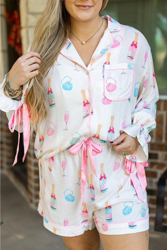 White Wine Glass Print Ribbon Bow Decor Plus Size Pajama Set-Plus Size Matching Sets-[Adult]-[Female]-White-1X-2022 Online Blue Zone Planet