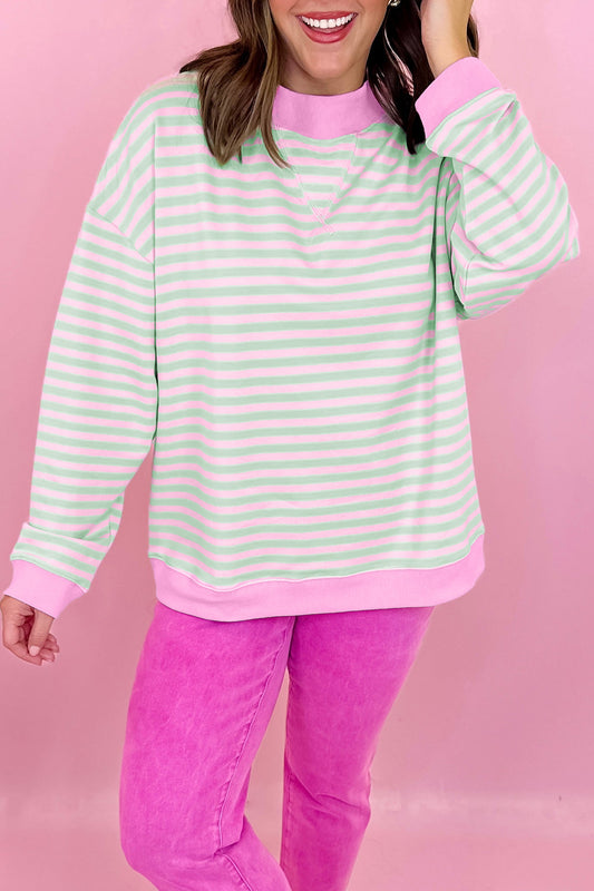 Green Stripe Striped Stand Neck Long Sleeve Sweatshirt