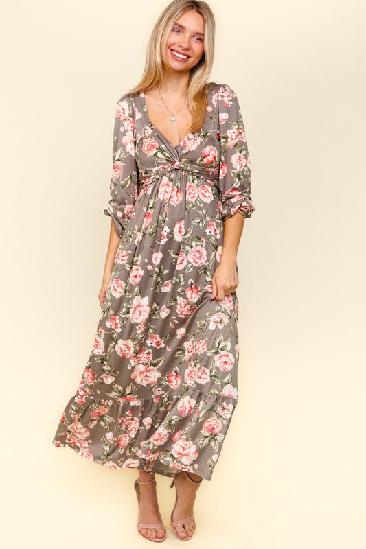 Haptics Twisted Detail Ruffled Hem Floral Dress with Side Pockets-TOPS / DRESSES-[Adult]-[Female]-Mauve Blush-S-2022 Online Blue Zone Planet