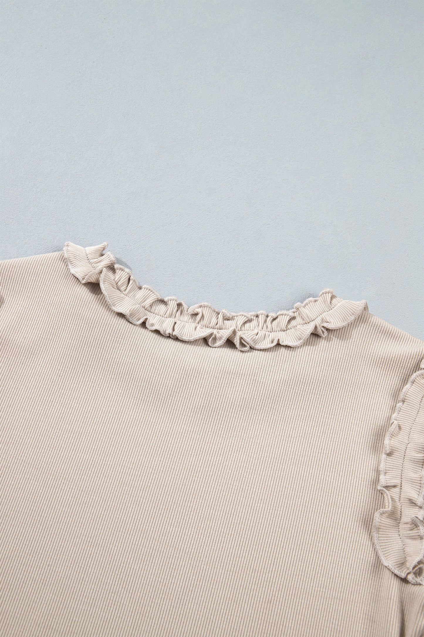 Beige Solid Color Round Neck Frill Detail Long Sleeve Top-Tops/Long Sleeve Tops-[Adult]-[Female]-2022 Online Blue Zone Planet