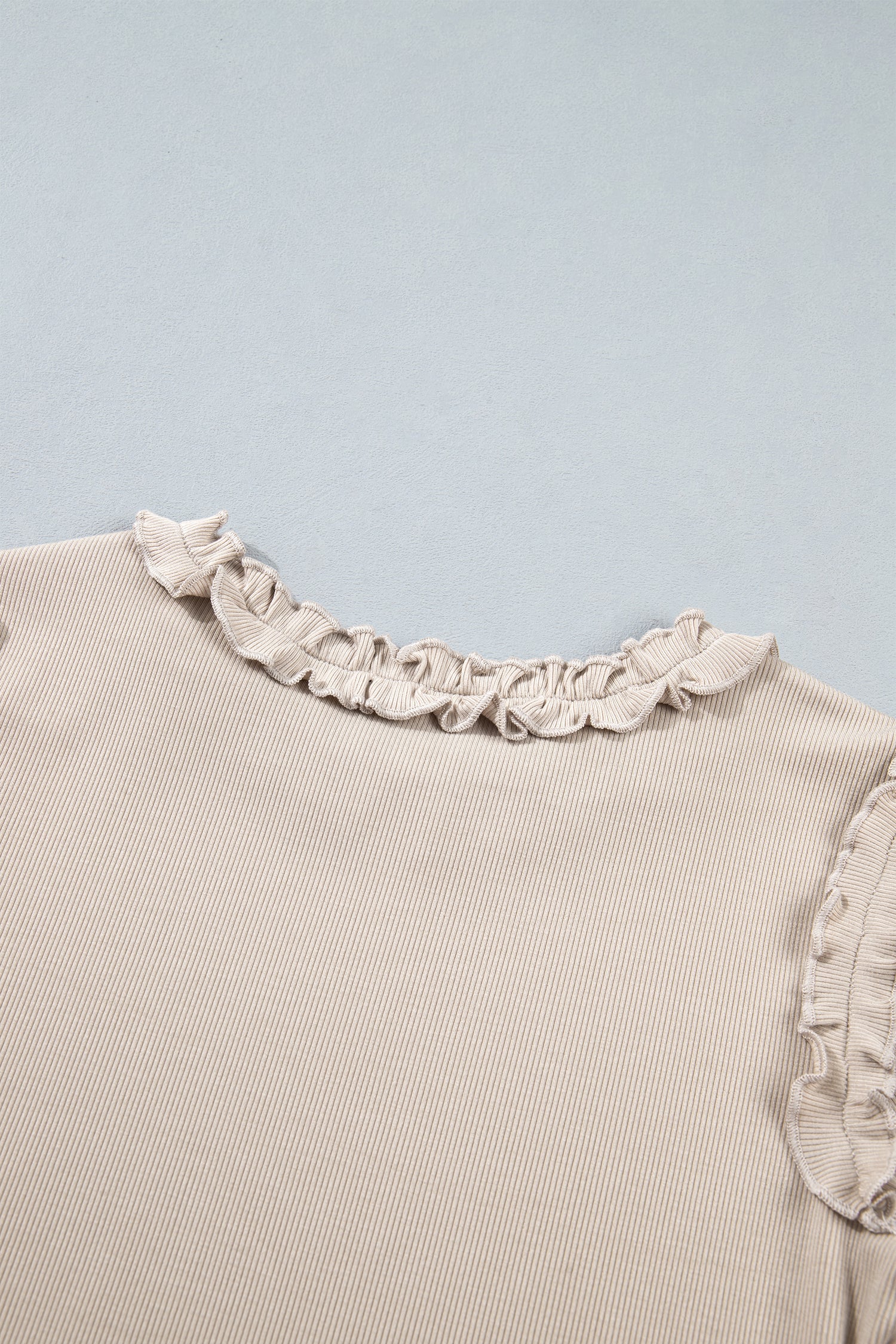 Beige Solid Color Round Neck Frill Detail Long Sleeve Top-Tops/Long Sleeve Tops-[Adult]-[Female]-2022 Online Blue Zone Planet