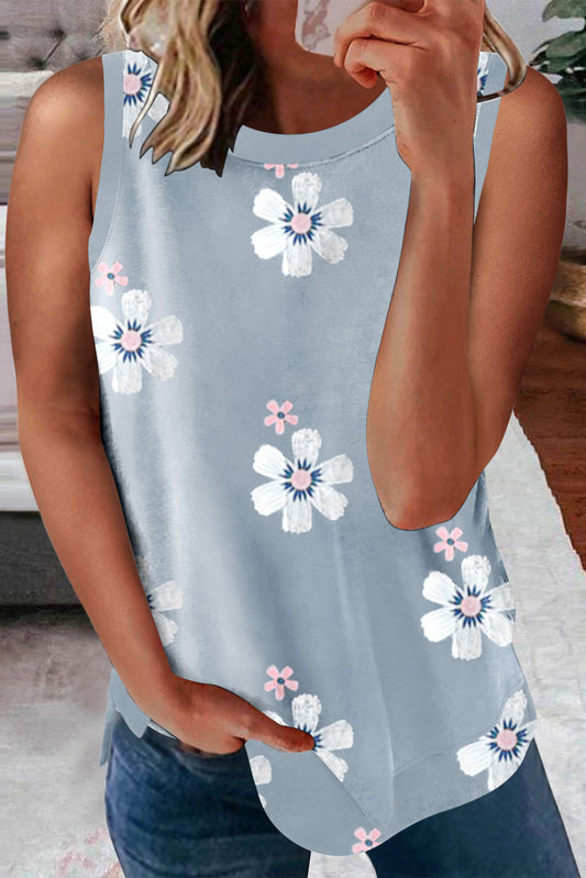 Gray Casual Floral Crew Neck Tank Top-Tops/Tank Tops-[Adult]-[Female]-Gray-S-2022 Online Blue Zone Planet