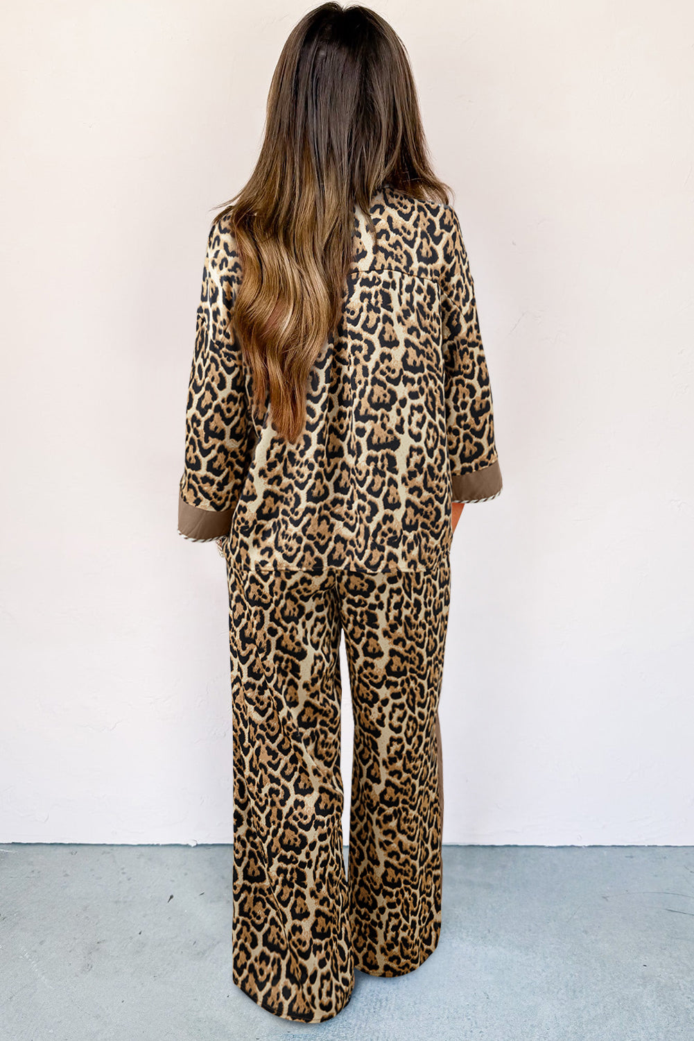 Brown Leopard Collared 3/4 Sleeve Shirt and Loose Pants Two Piece Outfit Set-Two Piece Sets/Pant Sets-[Adult]-[Female]-2022 Online Blue Zone Planet