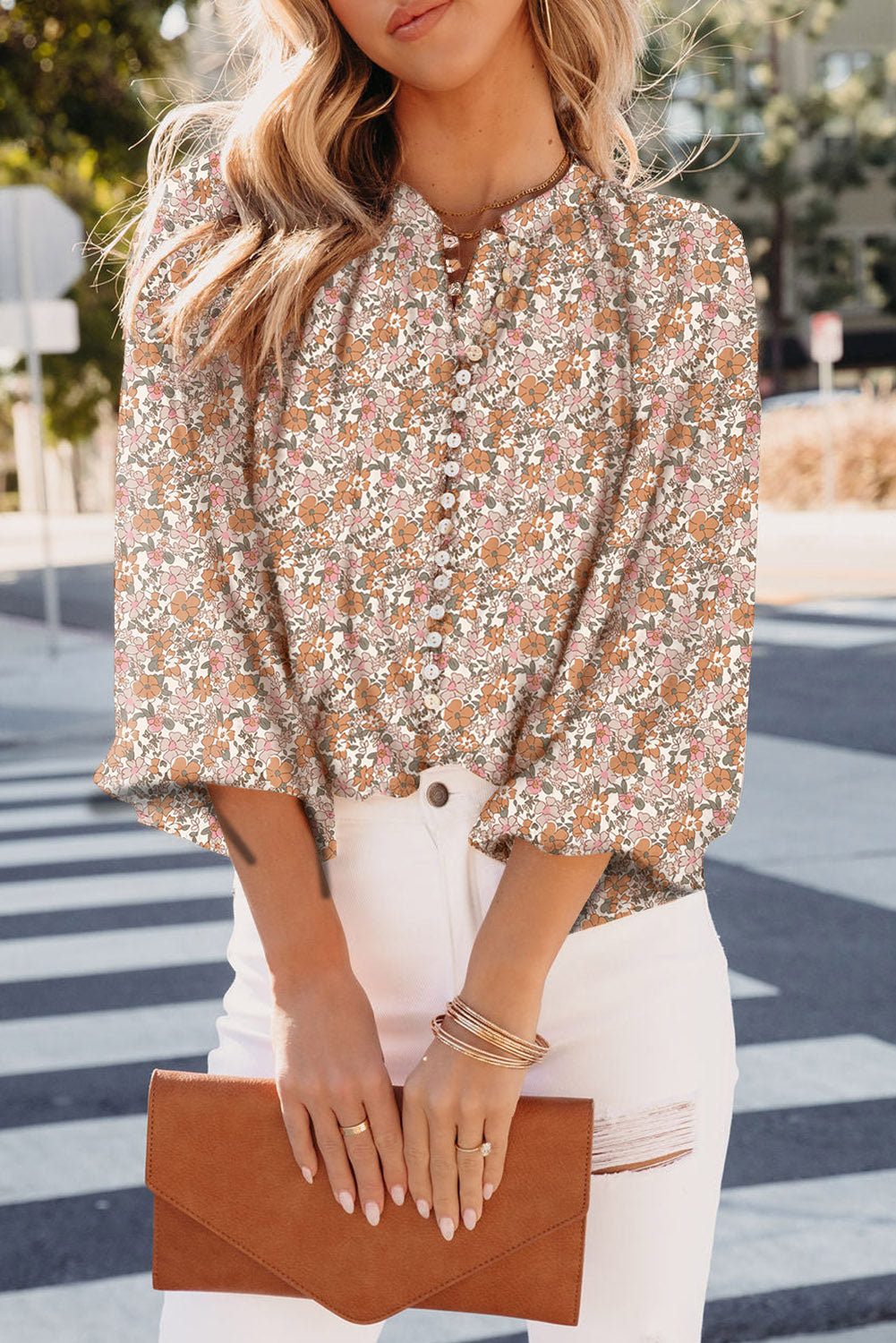 Orange Bohemian Floral Puff Sleeve Full Button Shirt-Tops/Blouses & Shirts-[Adult]-[Female]-Orange-S-2022 Online Blue Zone Planet