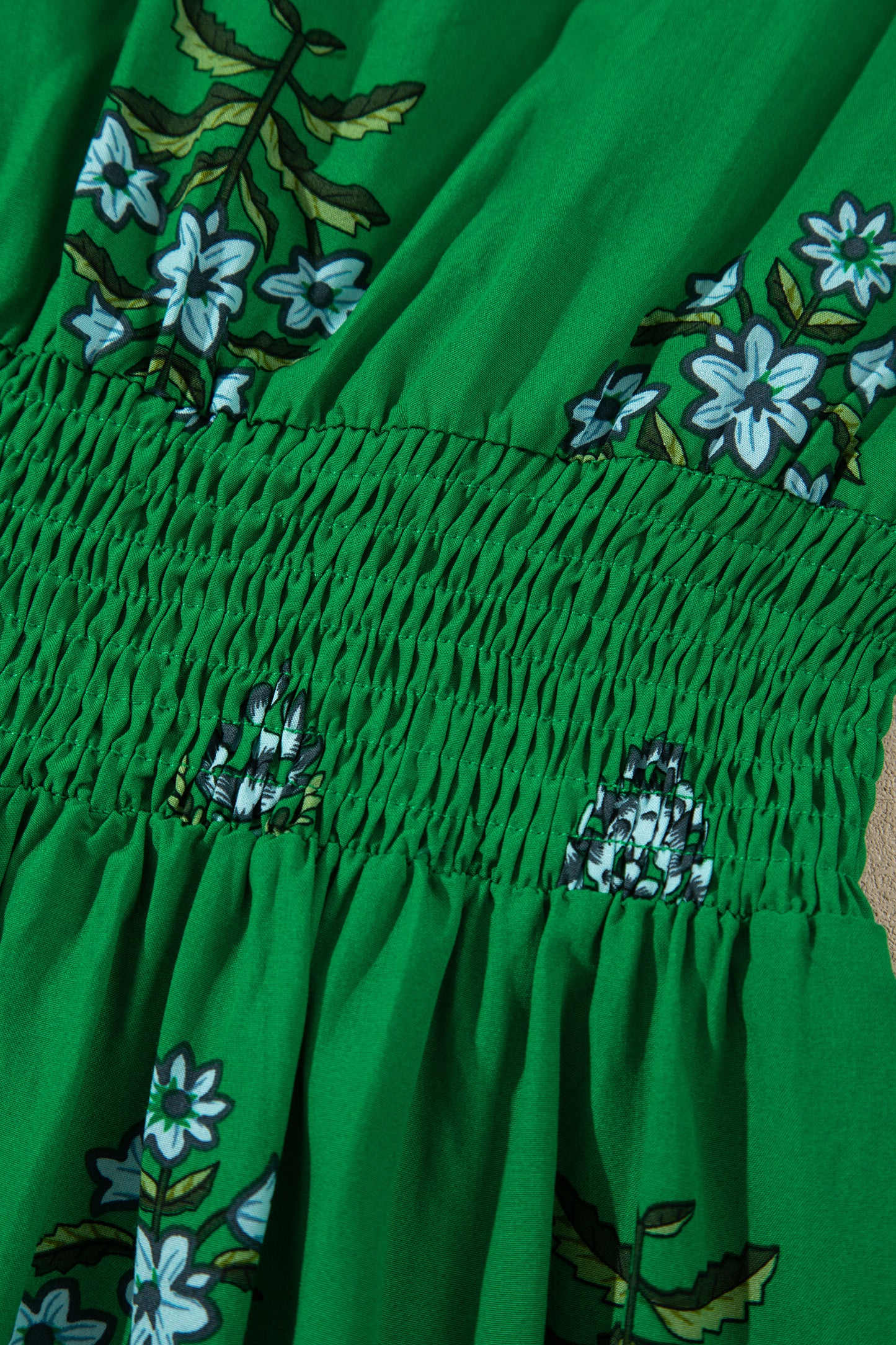 Green Floral Print Split Neck Shirred High Waist Ruffle Hem Maxi Dress-TOPS / DRESSES-[Adult]-[Female]-2022 Online Blue Zone Planet