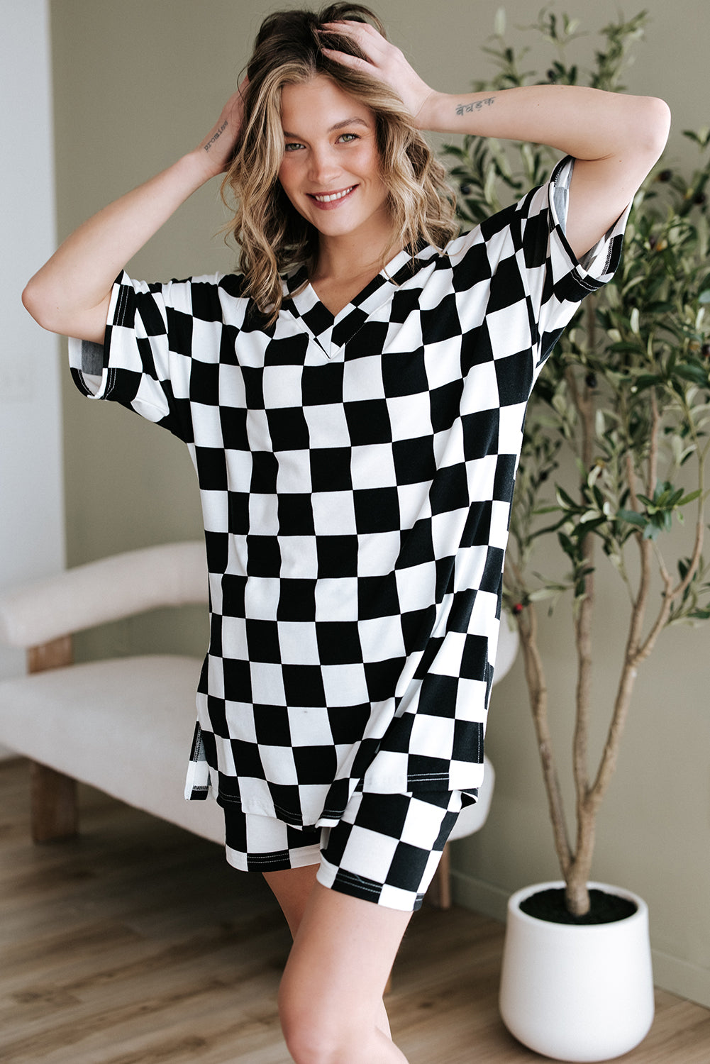 Blue Zone Planet | Black Checkerboard Print V Neck Loose Tee and Shorts Lounge Set-Loungewear & Sleepwear/Loungewear-[Adult]-[Female]-2022 Online Blue Zone Planet