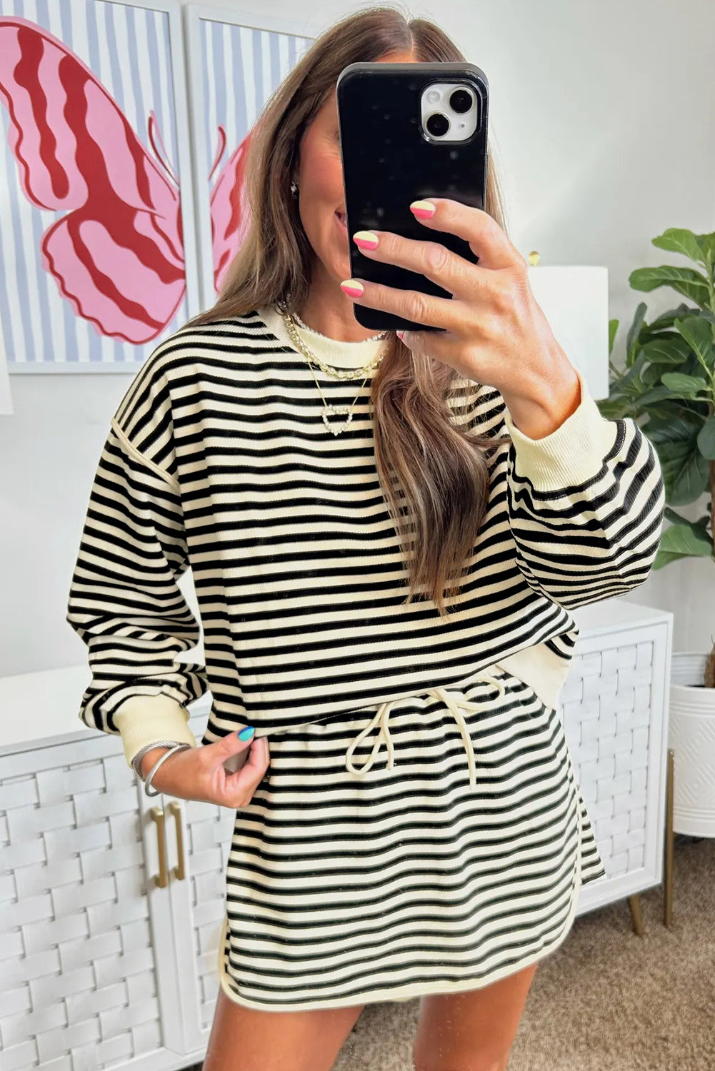 Black Stripe Textured Drop Shoulder Pullover Top Drawstring Mini Skirt Two Piece Dress Set-TOPS / DRESSES-[Adult]-[Female]-2022 Online Blue Zone Planet