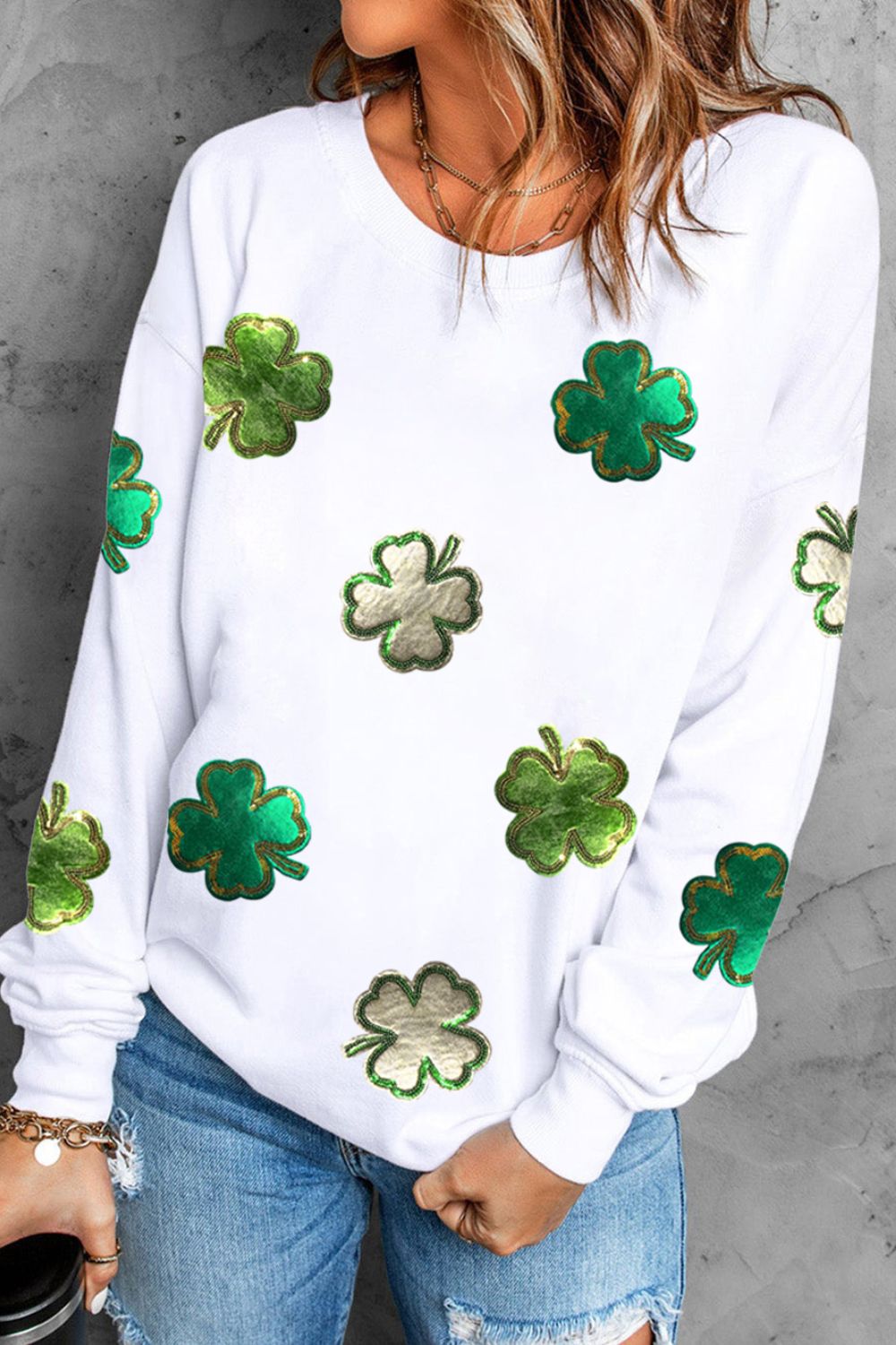 Lucky Clover Round Neck Long Sleeve Sweatshirt-TOPS / DRESSES-[Adult]-[Female]-2022 Online Blue Zone Planet