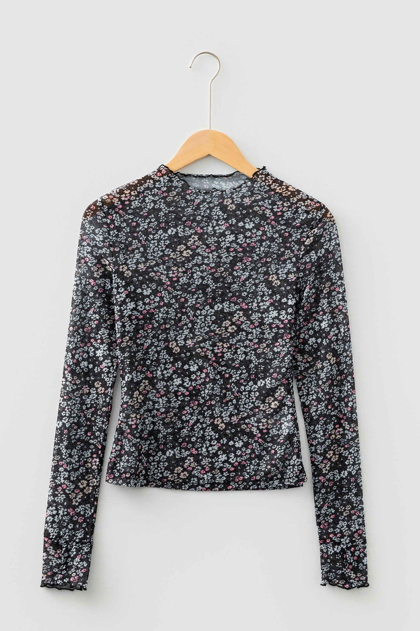 Black Ditsy Floral Mesh Thumbhole Sleeve Slim Fit Top-Tops/Long Sleeve Tops-[Adult]-[Female]-2022 Online Blue Zone Planet