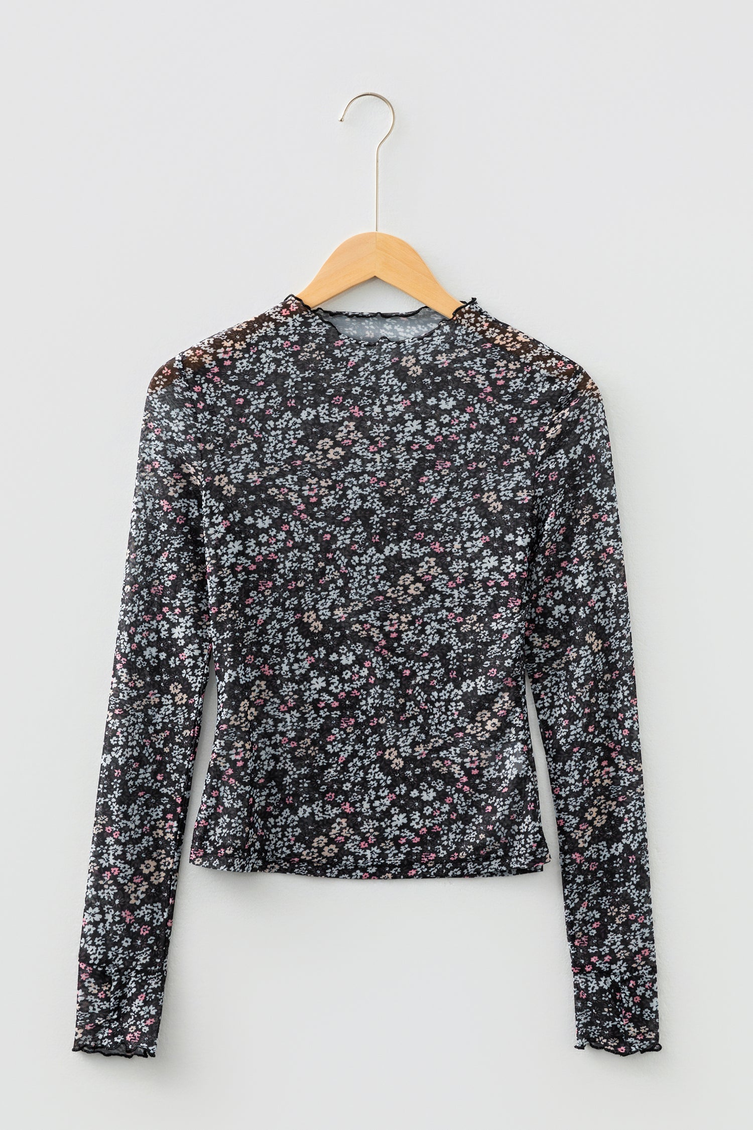 Black Ditsy Floral Mesh Thumbhole Sleeve Slim Fit Top-Tops/Long Sleeve Tops-[Adult]-[Female]-2022 Online Blue Zone Planet