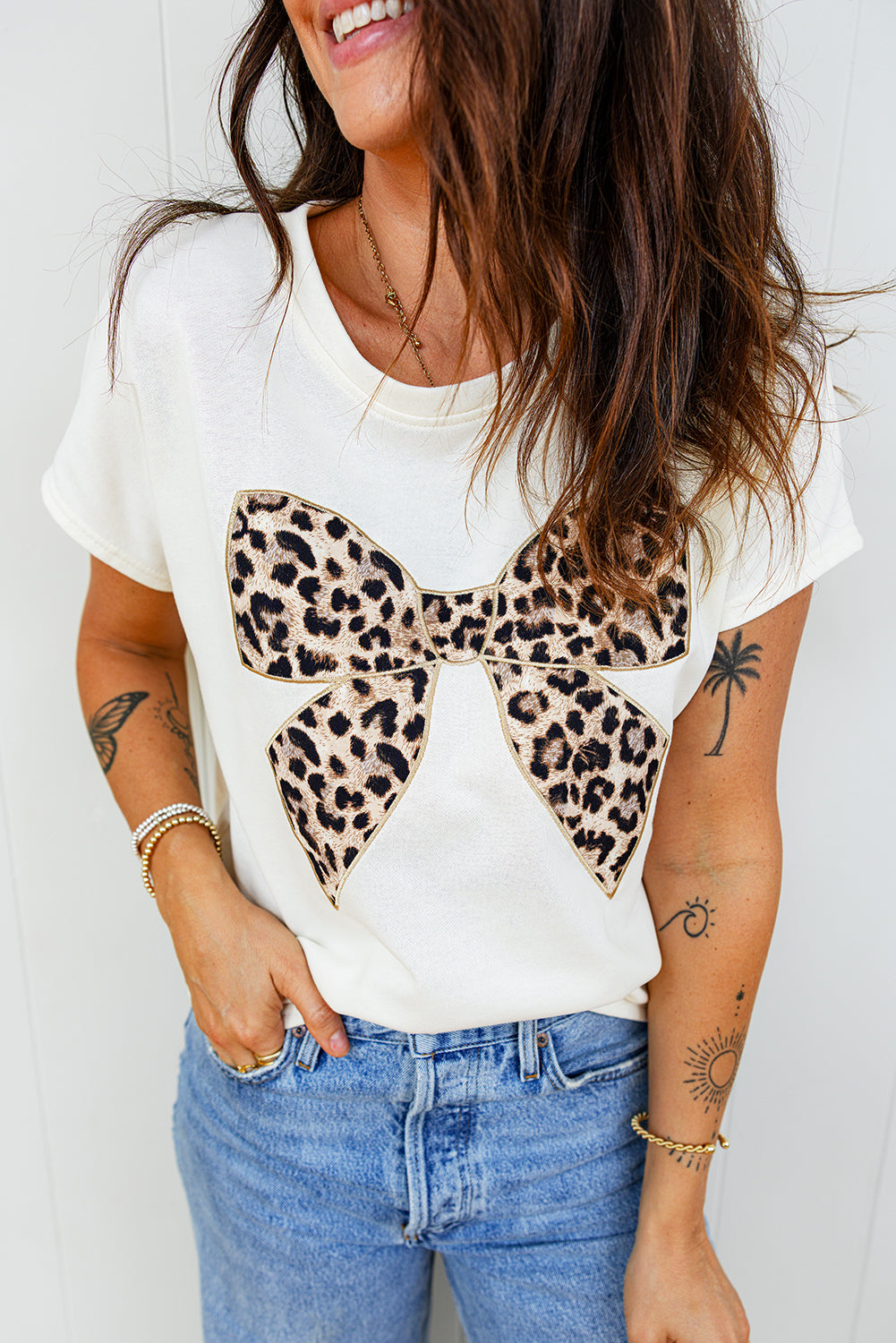White Leopard Bow Embroidered Cotton Round Neck T Shirt-Tops/Tops & Tees-[Adult]-[Female]-2022 Online Blue Zone Planet