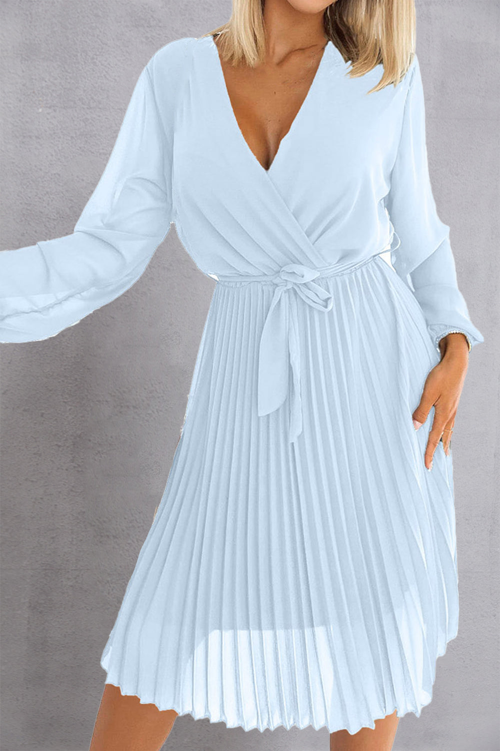 Tied Surplice Long Sleeve Pleated Dress-TOPS / DRESSES-[Adult]-[Female]-2022 Online Blue Zone Planet