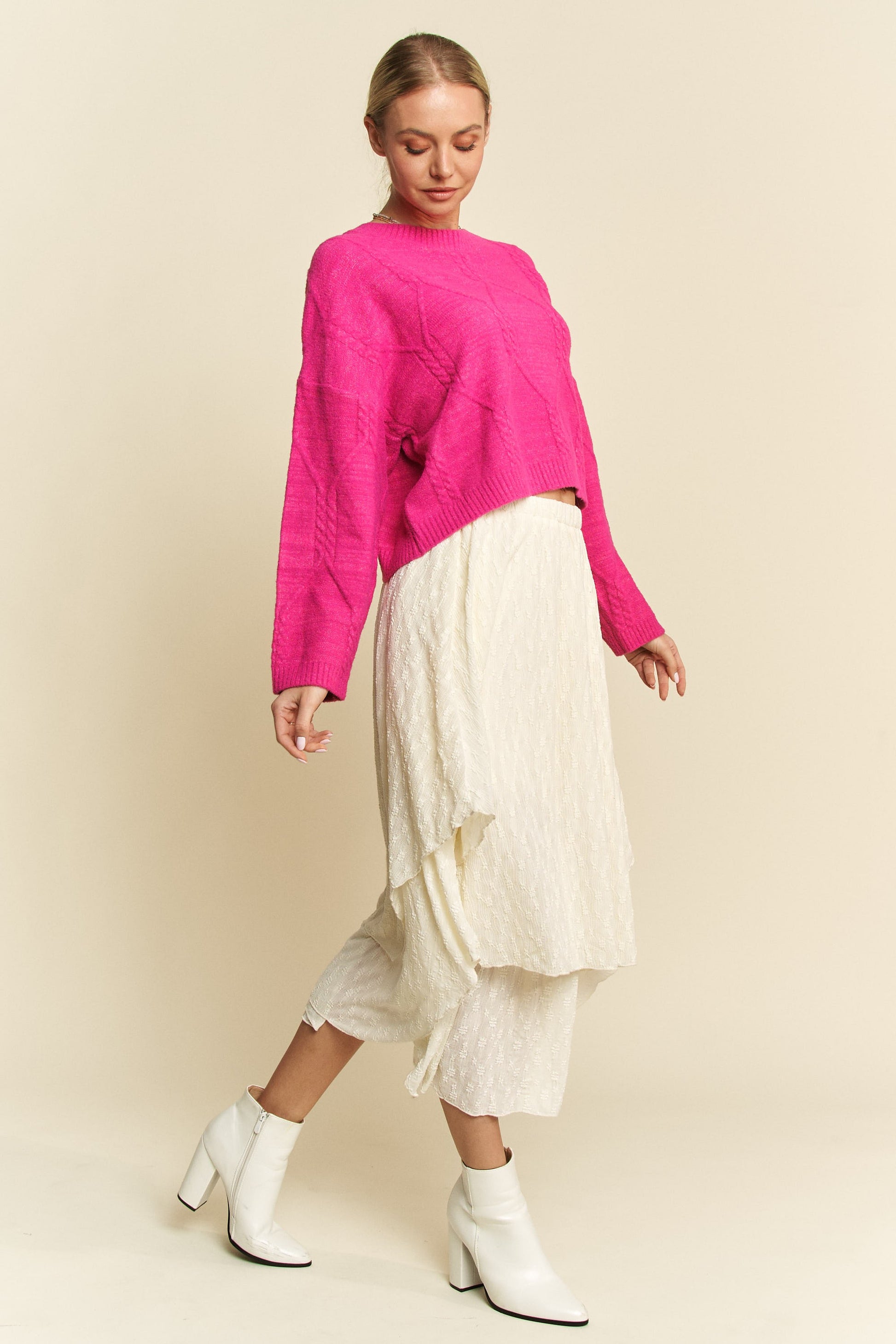 Davi & Dani Diamond Cable Pattern Drop Shoulder Sweater-TOPS / DRESSES-[Adult]-[Female]-2022 Online Blue Zone Planet