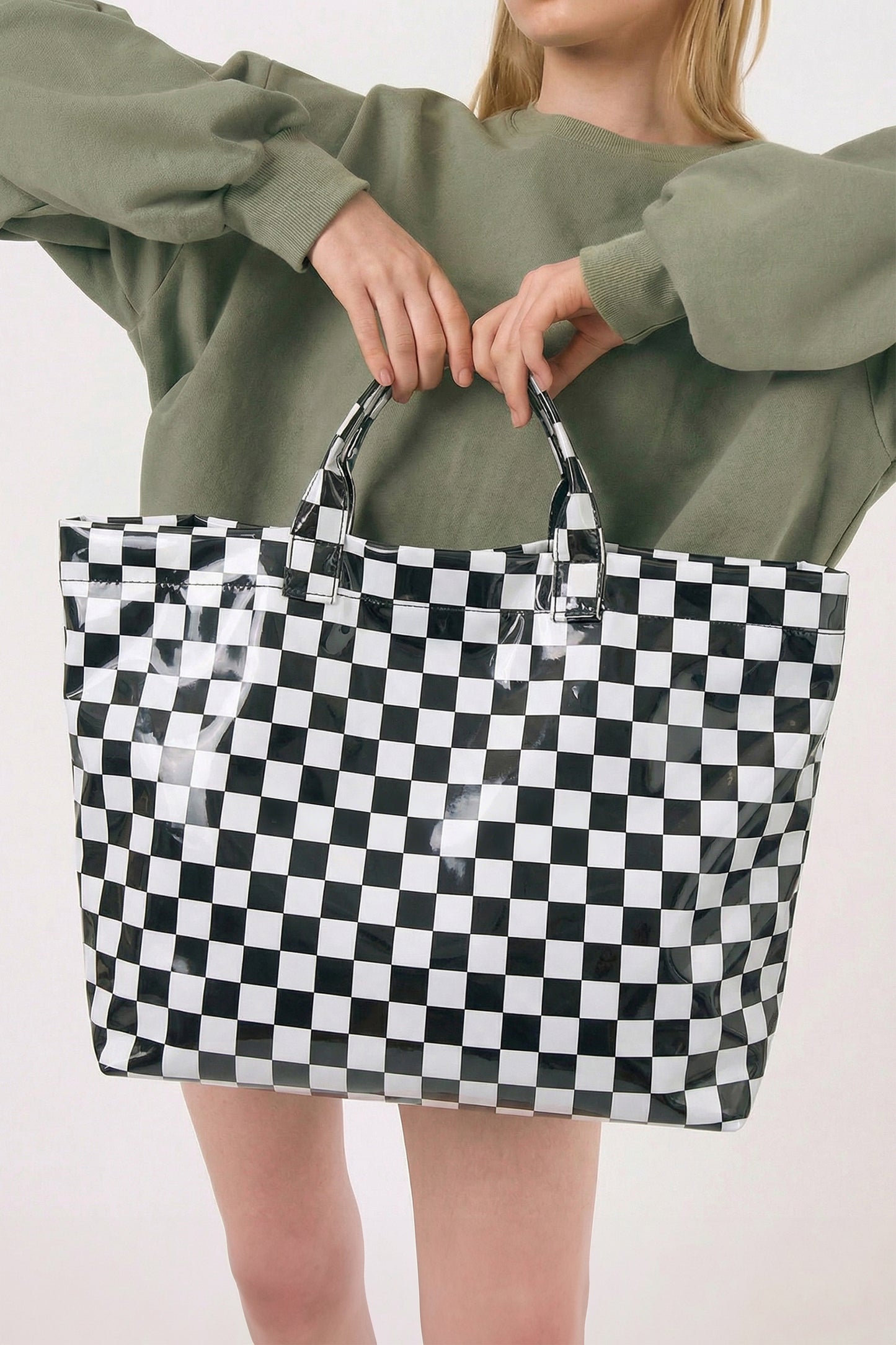 Beige Eyelet Flower Pattern PVC Glossy Waterproof Tote Bag