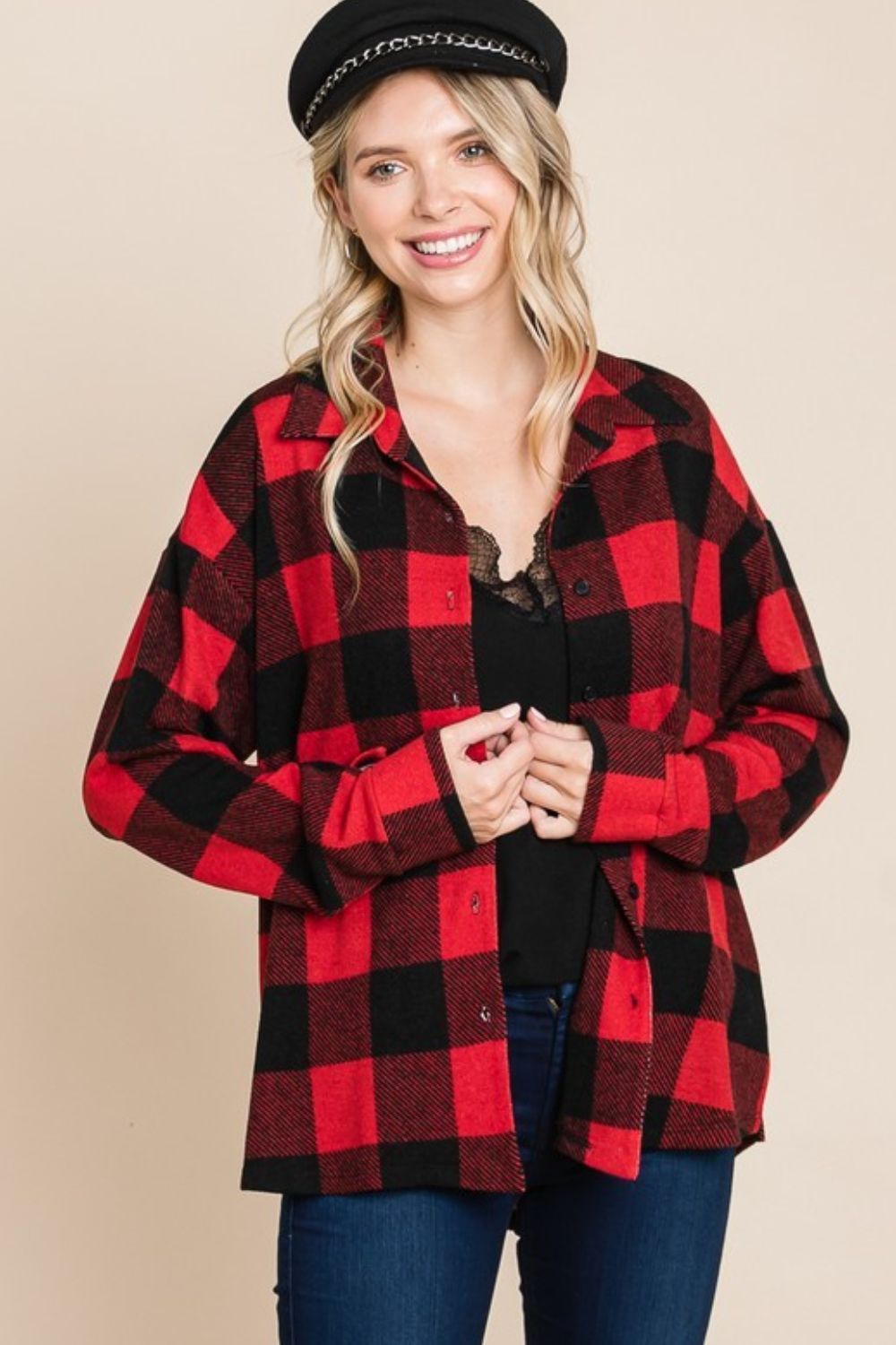 Super Lady Plaid Button Up Long Sleeve Shirt-TOPS / DRESSES-[Adult]-[Female]-Red-S-2022 Online Blue Zone Planet