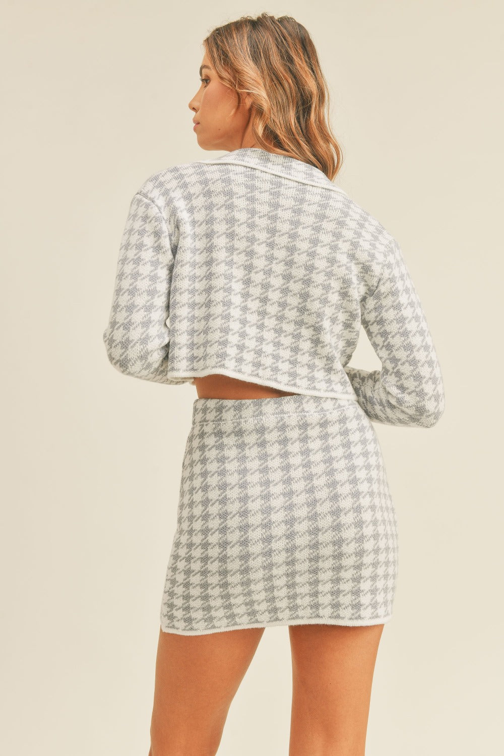 MABLE Houndstooth Cropped Knit Cardigan and Mini Skirt Set-TOPS / DRESSES-[Adult]-[Female]-2022 Online Blue Zone Planet