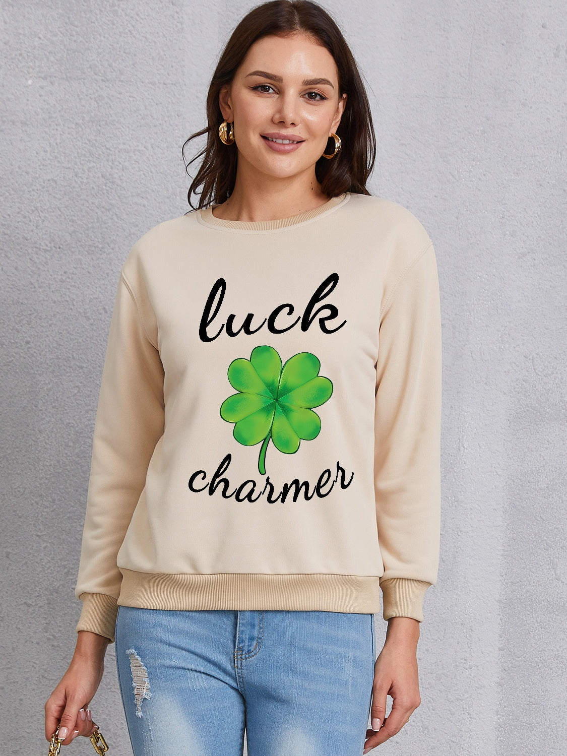 LUCK CHARMER Round Neck Sweatshirt-TOPS / DRESSES-[Adult]-[Female]-Khaki-S-2022 Online Blue Zone Planet