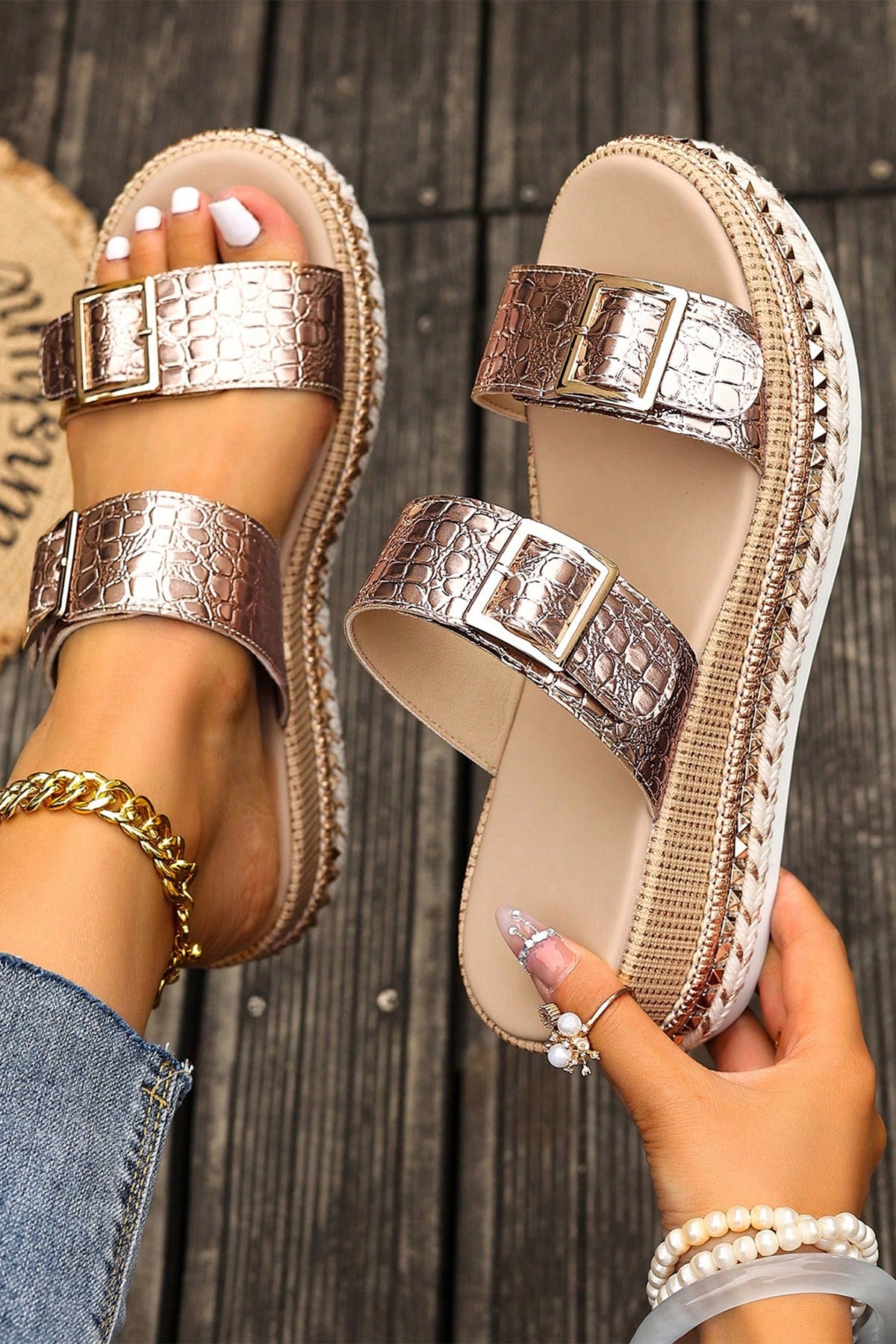 White Metallic Textured PU Leather Buckle Wedge Platform Slippers-Shoes & Bags/Slippers-[Adult]-[Female]-Gold-37-2022 Online Blue Zone Planet