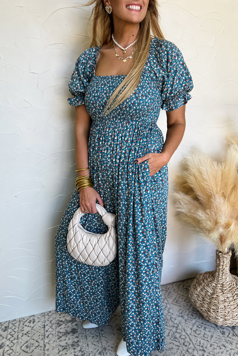 Blue Vintage Boho Floral Smocked Short Puff Sleeve Wide Leg Jumpsuit-Jumpsuits-[Adult]-[Female]-Blue-S-2022 Online Blue Zone Planet