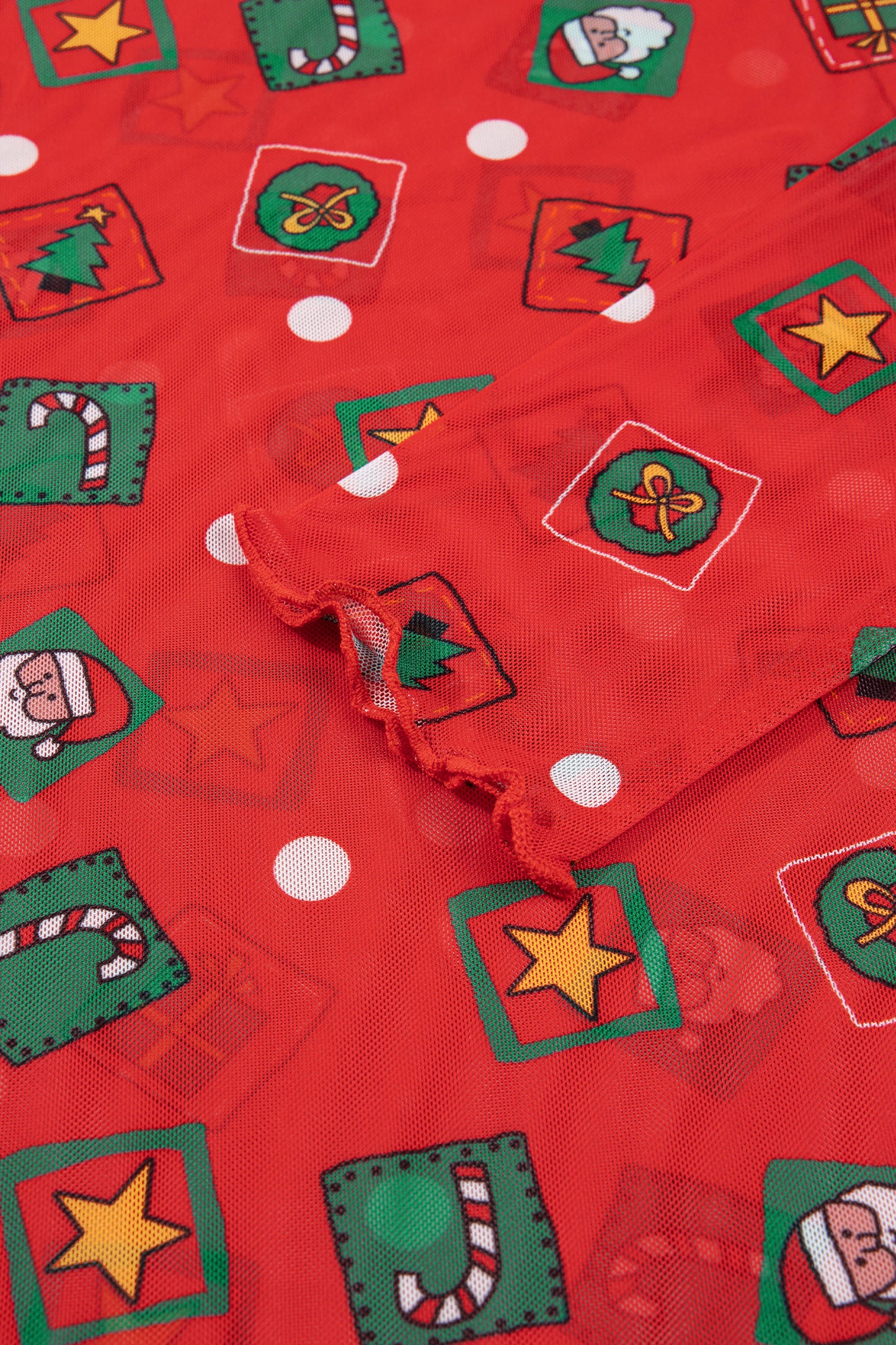 Fiery Red Christmas Elements Printed Long Sleeve Sheer Mesh Top
