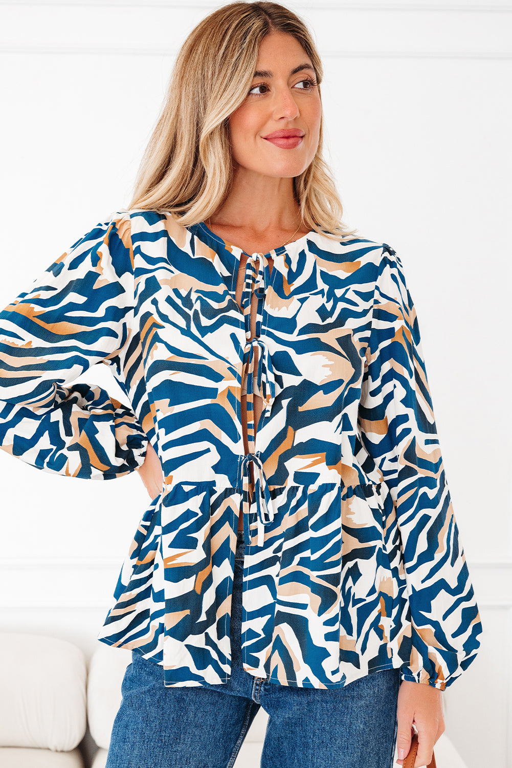 Blue Zebra Print Tied Front Puff Sleeve Top-Tops/Blouses & Shirts-[Adult]-[Female]-2022 Online Blue Zone Planet