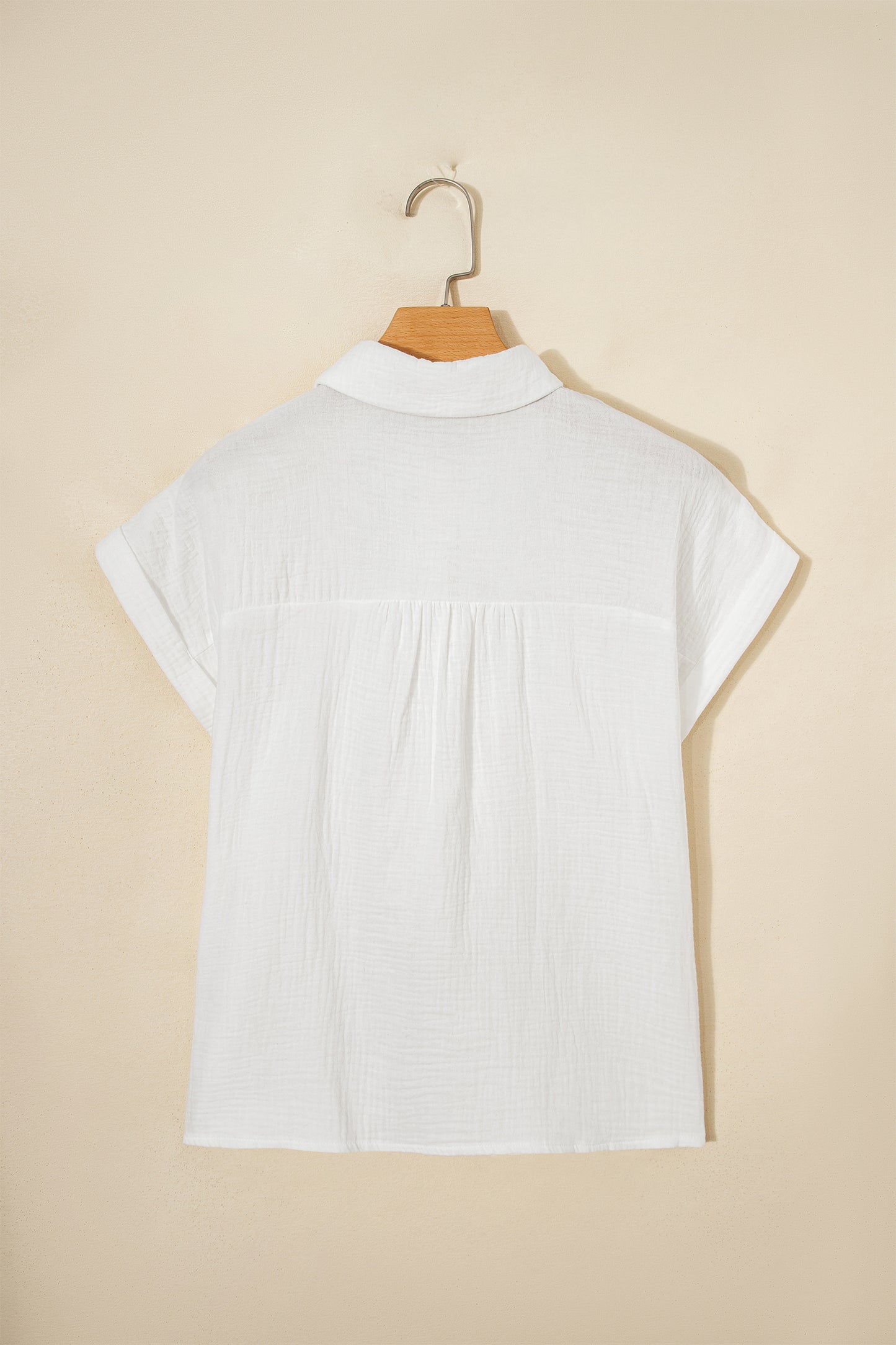 White Lace Trim Cuffed Short Sleeve Textured Shirt-Tops/Blouses & Shirts-[Adult]-[Female]-2022 Online Blue Zone Planet