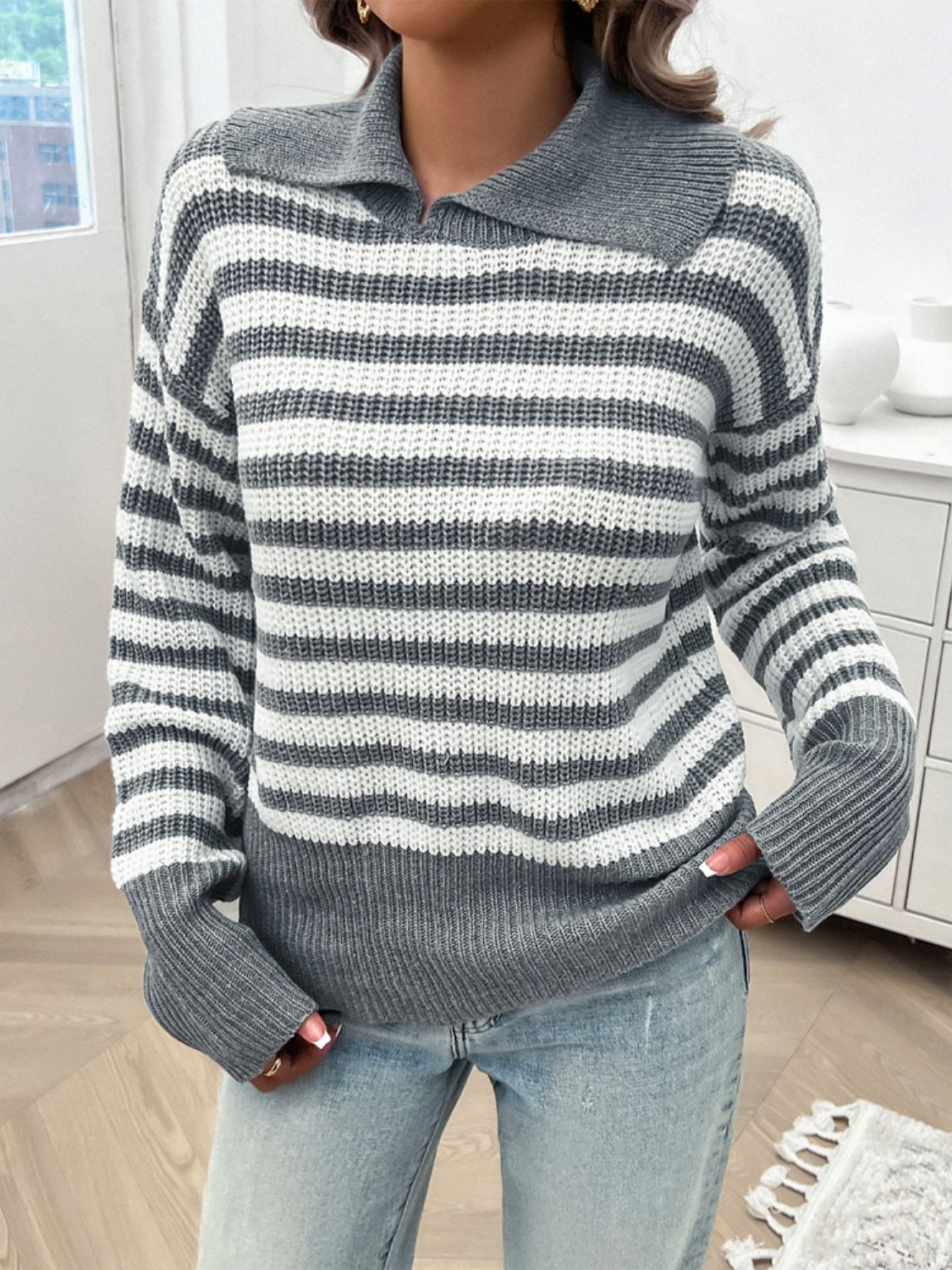 Striped Collared Neck Long Sleeve Sweater-TOPS / DRESSES-[Adult]-[Female]-Light Gray-S-2022 Online Blue Zone Planet