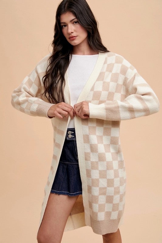 Annie Wear Checkered & Striped Open Front Long Sleeve Cardigan-TOPS / DRESSES-[Adult]-[Female]-2022 Online Blue Zone Planet