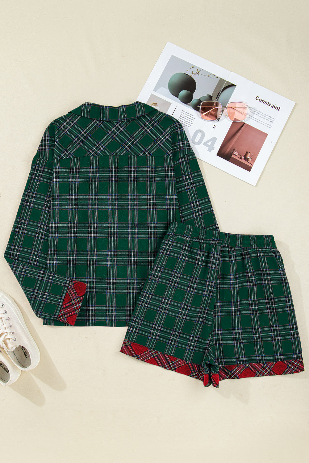 Green Plaid Contrast Patched Christmas Holiday Long Sleeve Shirt and Short 2pcs Pajama Set-Loungewear & Sleepwear/Sleepwear-[Adult]-[Female]-2022 Online Blue Zone Planet