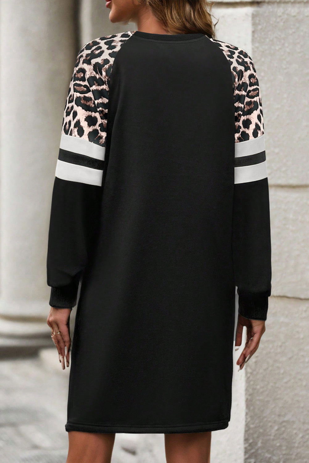 Black Leopard Print Patchwork Varsity Raglan Sleeve Sweatshirt Dress-TOPS / DRESSES-[Adult]-[Female]-2022 Online Blue Zone Planet