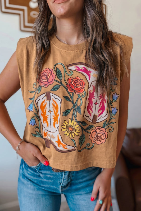 Camel Western Boots Flower Printed Sleeveless Loose Tank Top-Tops/Tank Tops-[Adult]-[Female]-2022 Online Blue Zone Planet