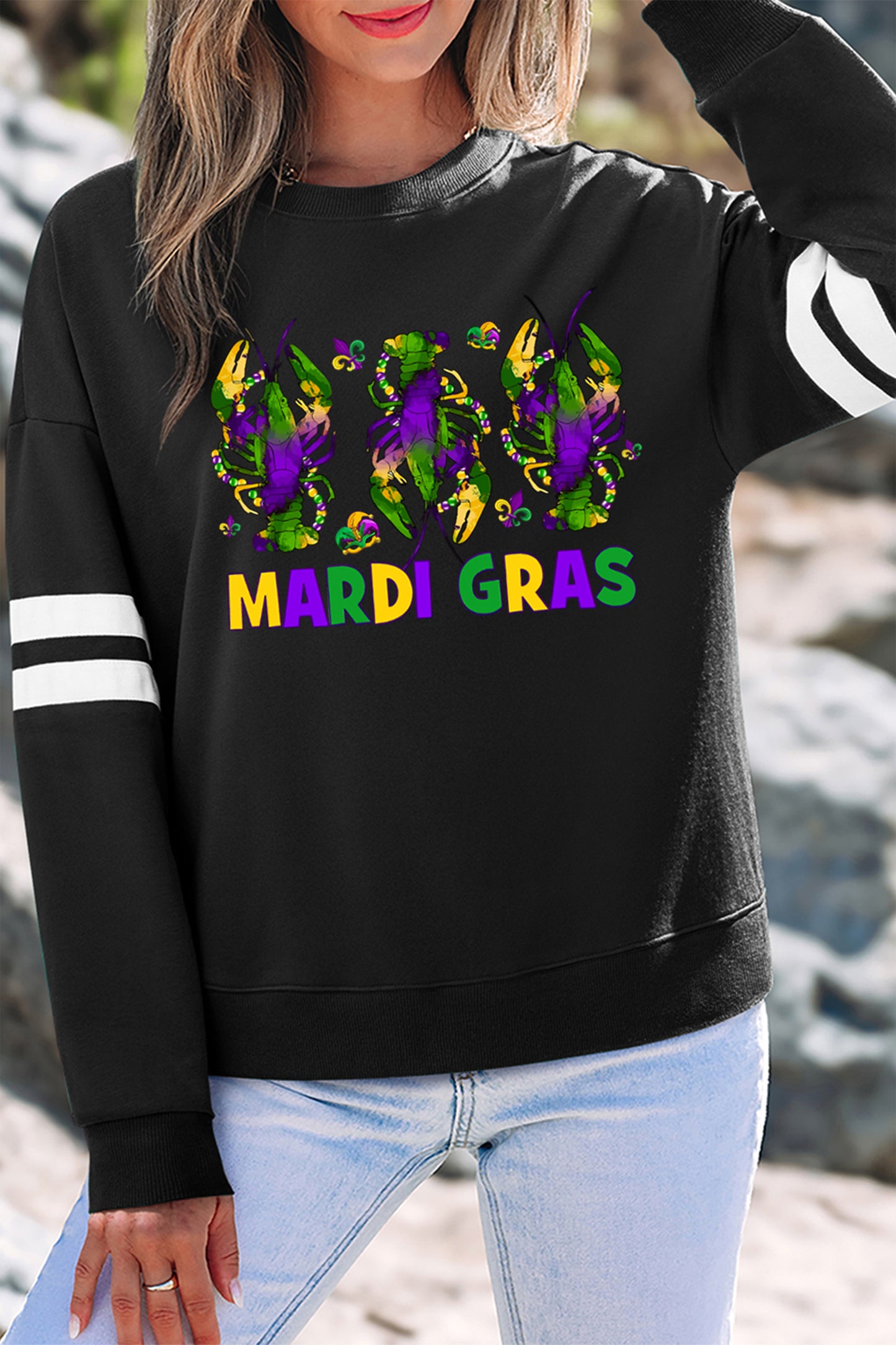 Black MARDI GRAS Crayfish Printed Varsity Striped Drop Shoulder Sweatshirt-Graphic Sweatshirts-[Adult]-[Female]-2022 Online Blue Zone Planet