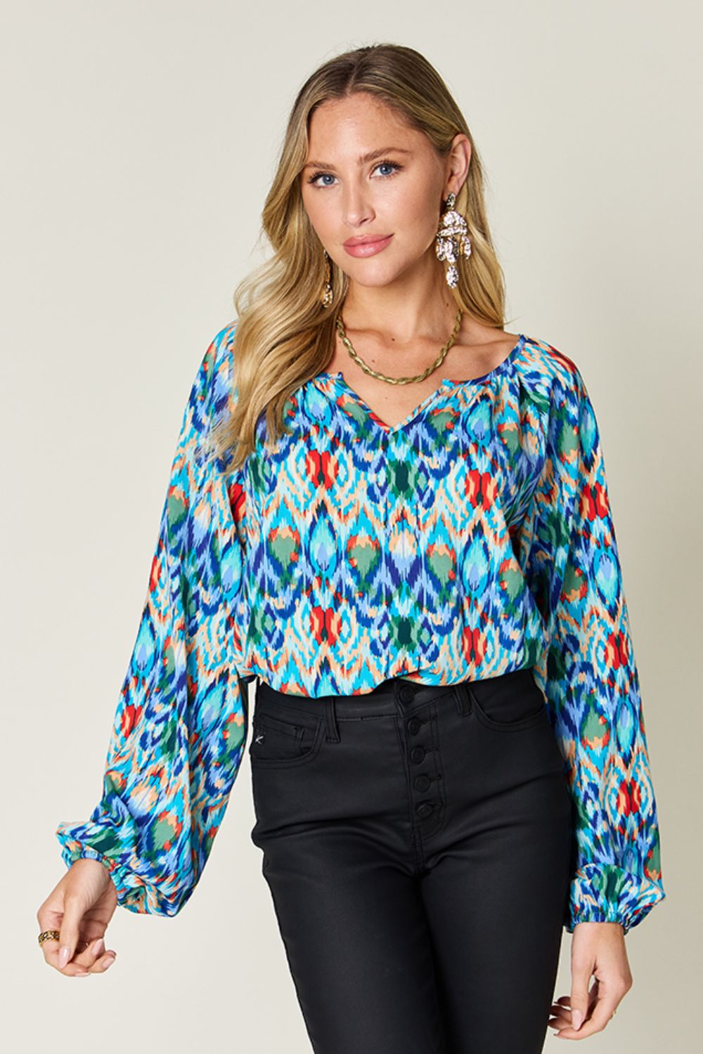 Blue Zone Planet | Double Take Full Size Printed Balloon Sleeve Blouse-TOPS / DRESSES-[Adult]-[Female]-2022 Online Blue Zone Planet