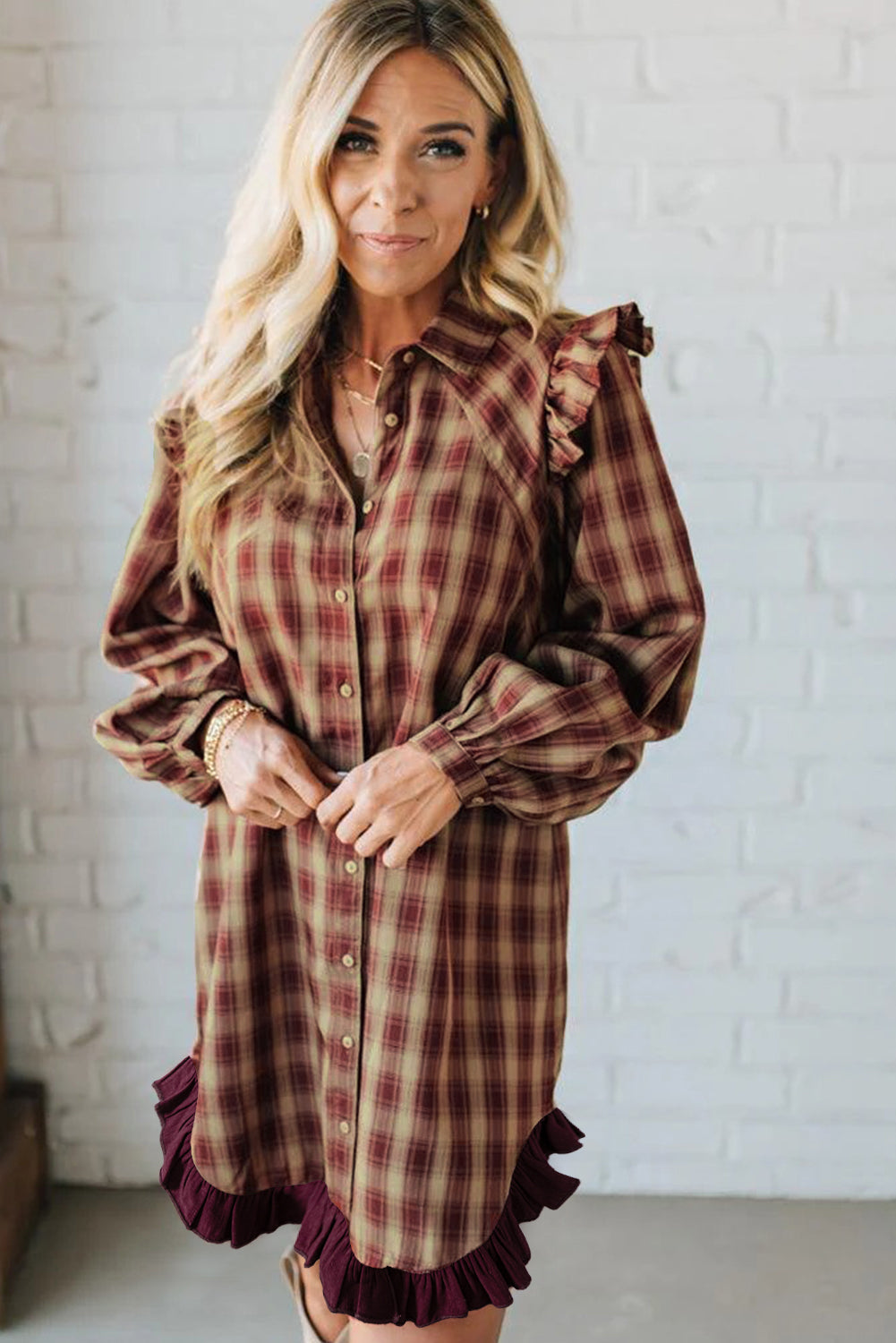 Red Plaid Print Ruffled Long Sleeve Patchwork Hem Mini Shirt Dress-TOPS / DRESSES-[Adult]-[Female]-2022 Online Blue Zone Planet