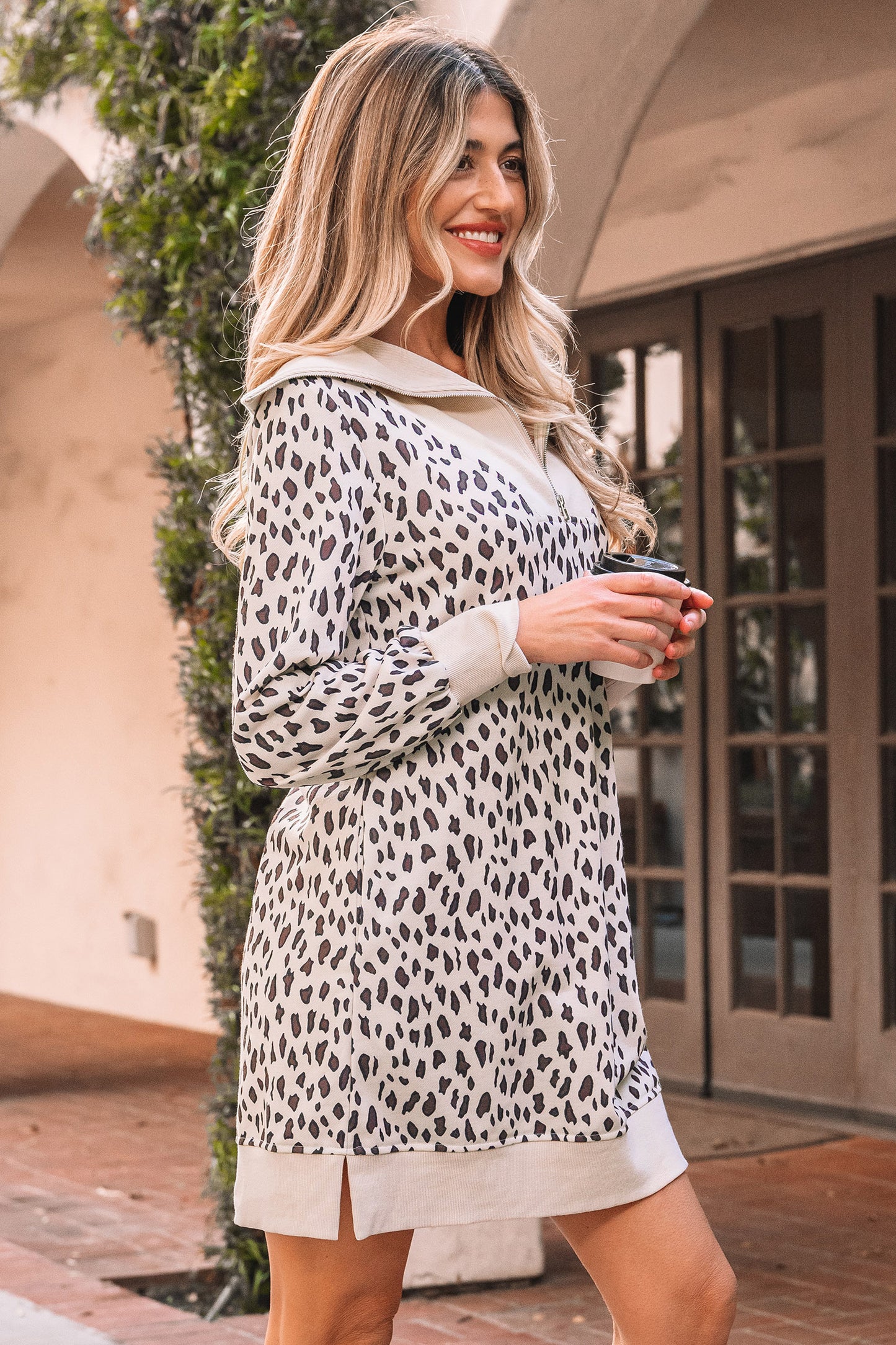 Khaki Leopard Print Zip up Collar Patchwork Shift Mini Dress-TOPS / DRESSES-[Adult]-[Female]-2022 Online Blue Zone Planet