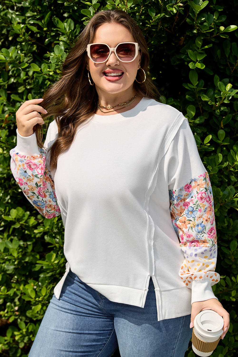 White Plus Size Exposed Seam Detail Contrast Dot Floral Patchwork Sleeve Sweatshirt-Plus Size/Plus Size Sweatshirts & Hoodies-[Adult]-[Female]-2022 Online Blue Zone Planet