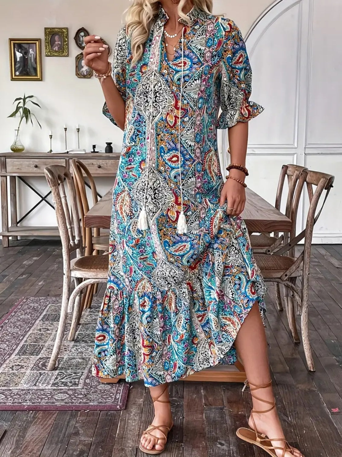 Printed Tie Neck Flounce Sleeve Midi Dress-TOPS / DRESSES-[Adult]-[Female]-French Blue-S-2022 Online Blue Zone Planet