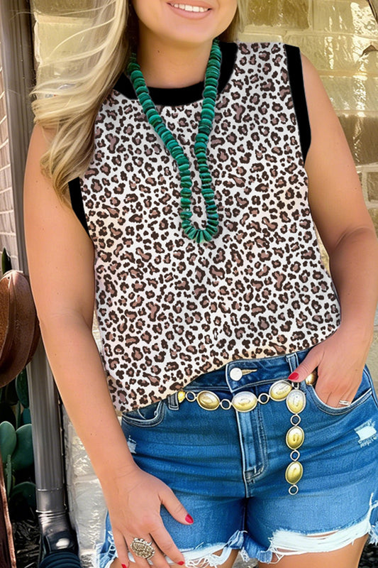 Khaki Contrast Trim Plus Size Leopard Vest-Plus Size/Plus Size Tops/Plus Size Tank Tops-[Adult]-[Female]-Khaki-1X-2022 Online Blue Zone Planet