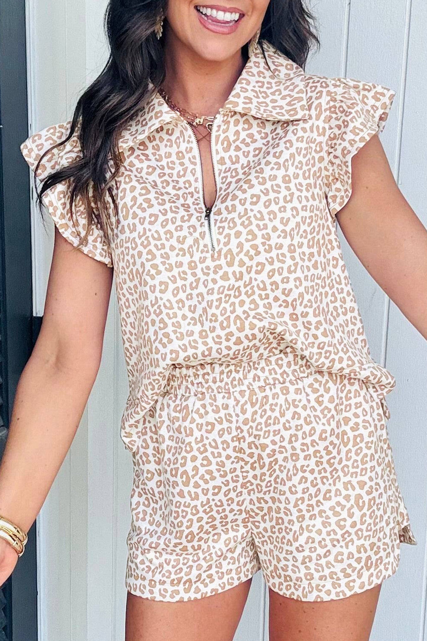 Beige Leopard Zip Polo Top 2pcs Short Set-Two Piece Sets/Short Sets-[Adult]-[Female]-Beige-S-2022 Online Blue Zone Planet