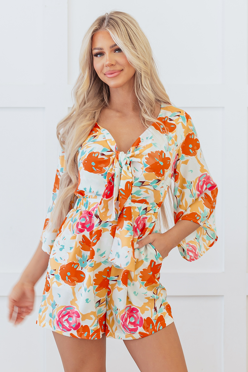 Blue Zone Planet | Orange Blooming Floral Print Front Tie Romper-Bottoms/Jumpsuits & Rompers-[Adult]-[Female]-2022 Online Blue Zone Planet