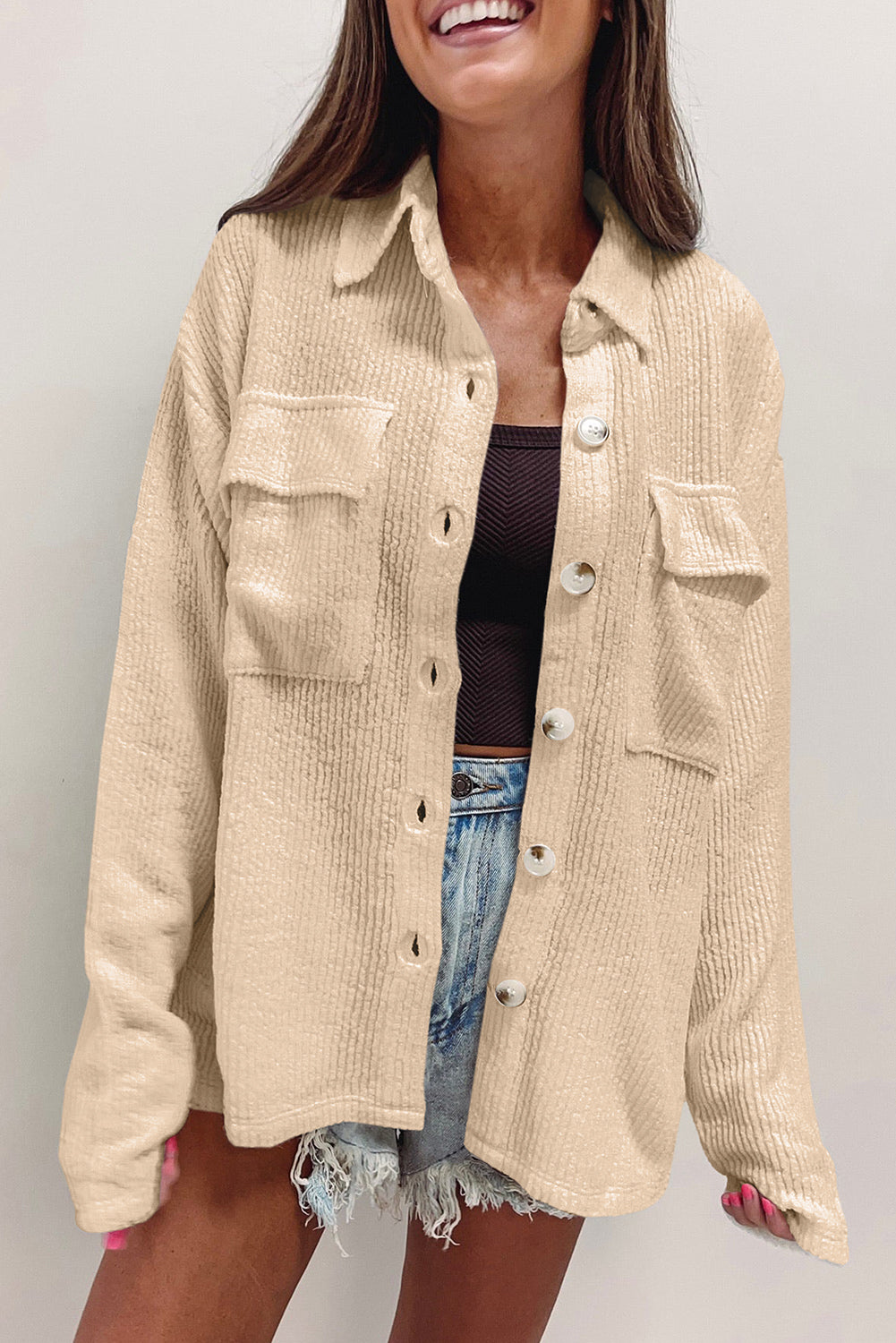 Blue Zone Planet | White Solid Color Corduroy Buttoned Long Sleeve Jacket-Outerwear/Jackets-[Adult]-[Female]-2022 Online Blue Zone Planet