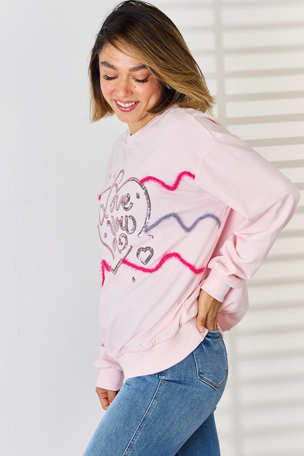 LOVE YOU Heart Sequin Round Neck Sweatshirt-TOPS / DRESSES-[Adult]-[Female]-2022 Online Blue Zone Planet