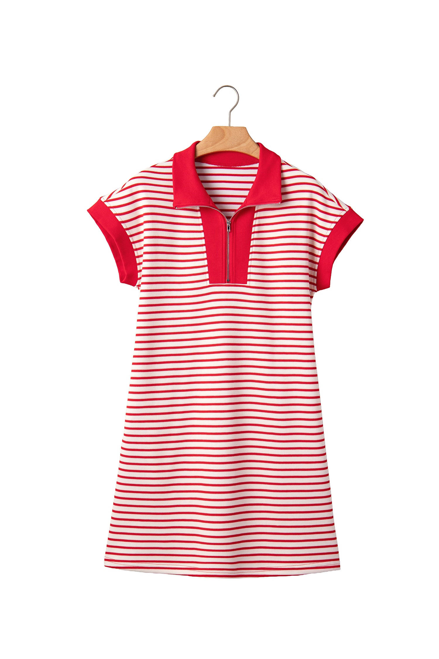 Red Stripe Quarter Zip Polo Collar T Shirt Dress with Pockets-TOPS / DRESSES-[Adult]-[Female]-2022 Online Blue Zone Planet