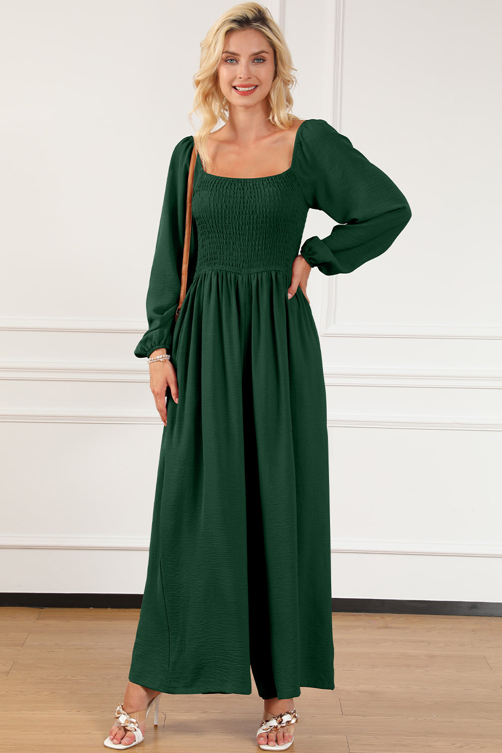 Green Smocked Square Neck Long Sleeve Wide Leg Jumpsuit-Jumpsuits-[Adult]-[Female]-2022 Online Blue Zone Planet