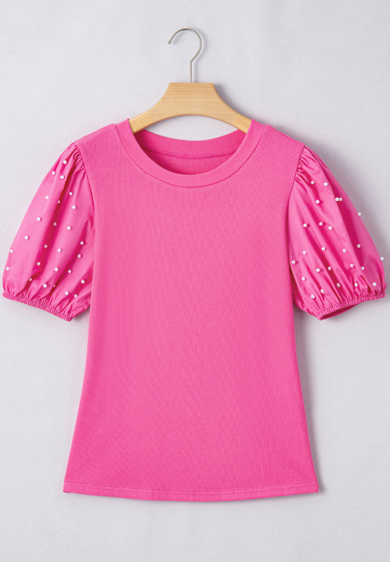 Pearl Detail Round Neck Puff Sleeve Blouse-TOPS / DRESSES-[Adult]-[Female]-2022 Online Blue Zone Planet